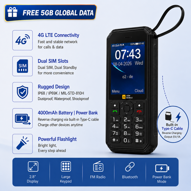Pre-Order | AGM M11 | 4G Hotspot Phone|Portable WiFi Hotspot|4000mAh Battery|IP68/IP69K Waterproof|Wired Reverse Charging|FM Radio|3.5mm Jack