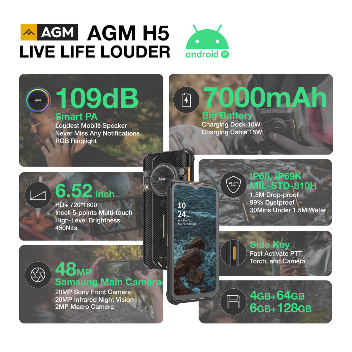 AGM H5 | Android 12 | 109dB Loudest Speaker