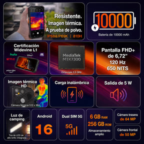 AGM X7 Pro | Smartphone Robusto con Imágenes Térmicas | Resolución Térmica de 512×384 | 6GB+256GB | Batería de 10000mAh | IP68/IP69K | Carga Inalámbrica | Android 16 | eSIM