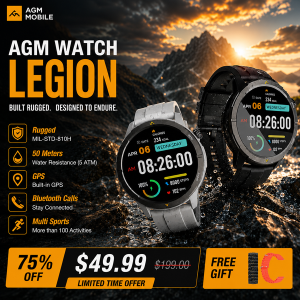 AGM Legion | Rugged | AMOLED | Health Monitoring | Multi-Sport | 5 ATM | Long Lasting Battery | GPS | Compass