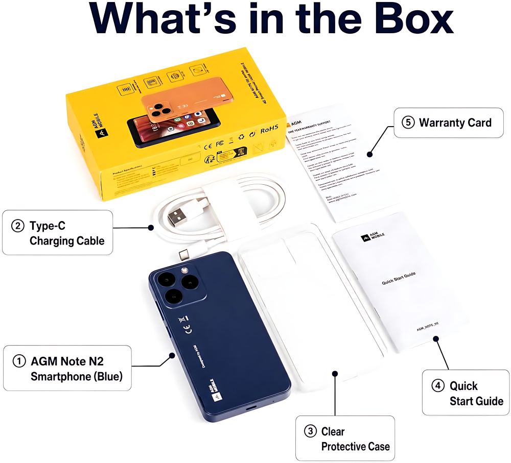 AGM NOTE N2 | 4.96" Small Android Smartphone | Removable Battery | Android 16 Go | Pocket-Friendly Design | IP54 Splash Protection