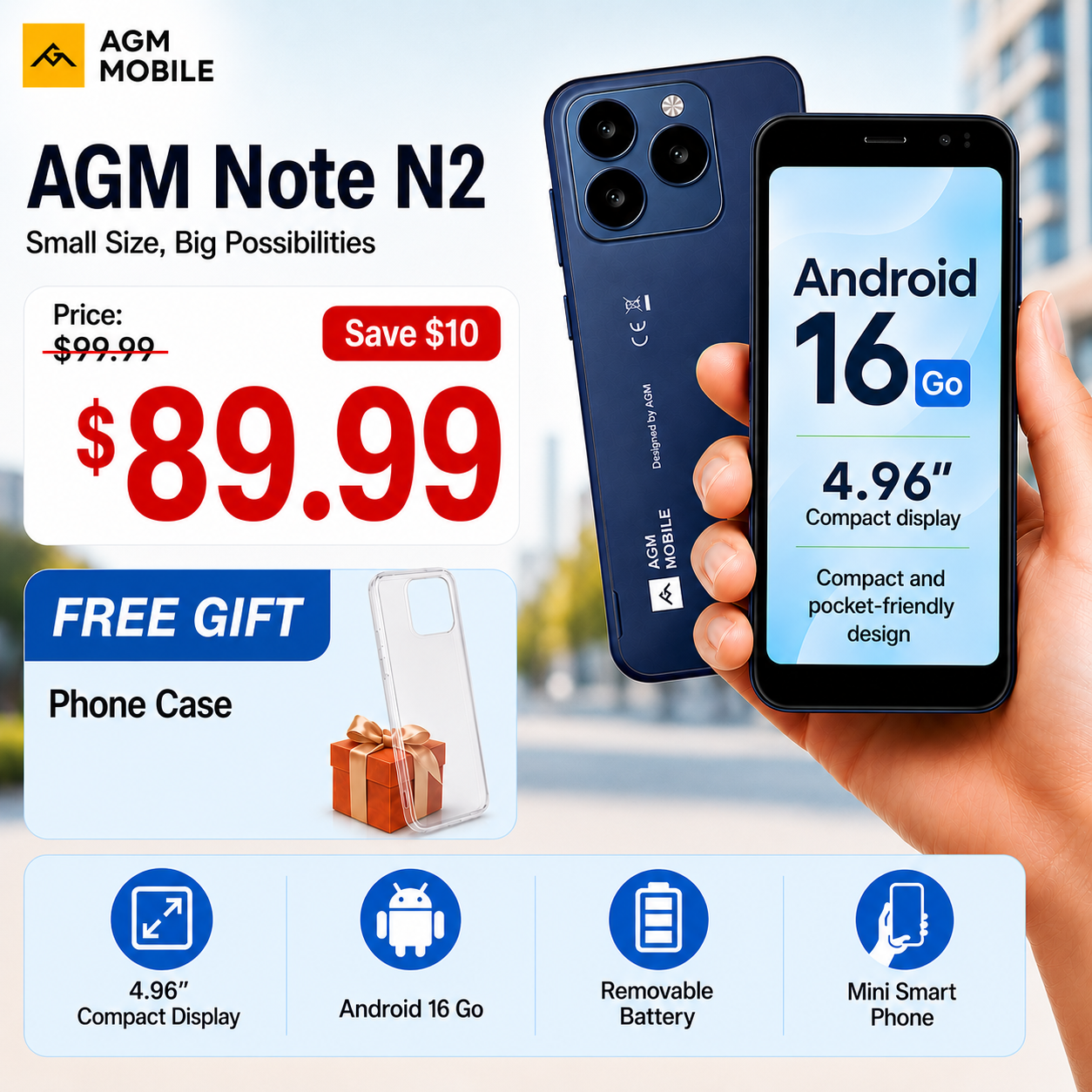 AGM NOTE N2 | 4.96" Small Android Smartphone | Removable Battery | Android 16 Go | Pocket-Friendly Design | IP54 Splash Protection