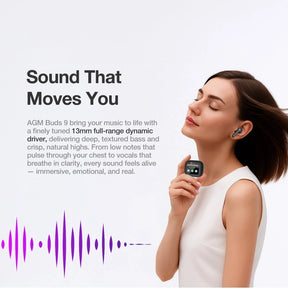 AGM Buds 9 | Touch-Enabled Display Case | 13mm Full-Range Sound | -25dB ANC | IPX4 Water Resistance