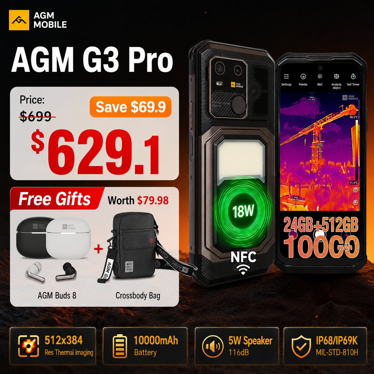 AGM G3 PRO | Thermal Imaging Rugged Smartphone | 12GB+512GB | 10000mAh Battery | 5W Speaker 116dB | 120Hz Display | MIL-STD-810H | Wireless Charging