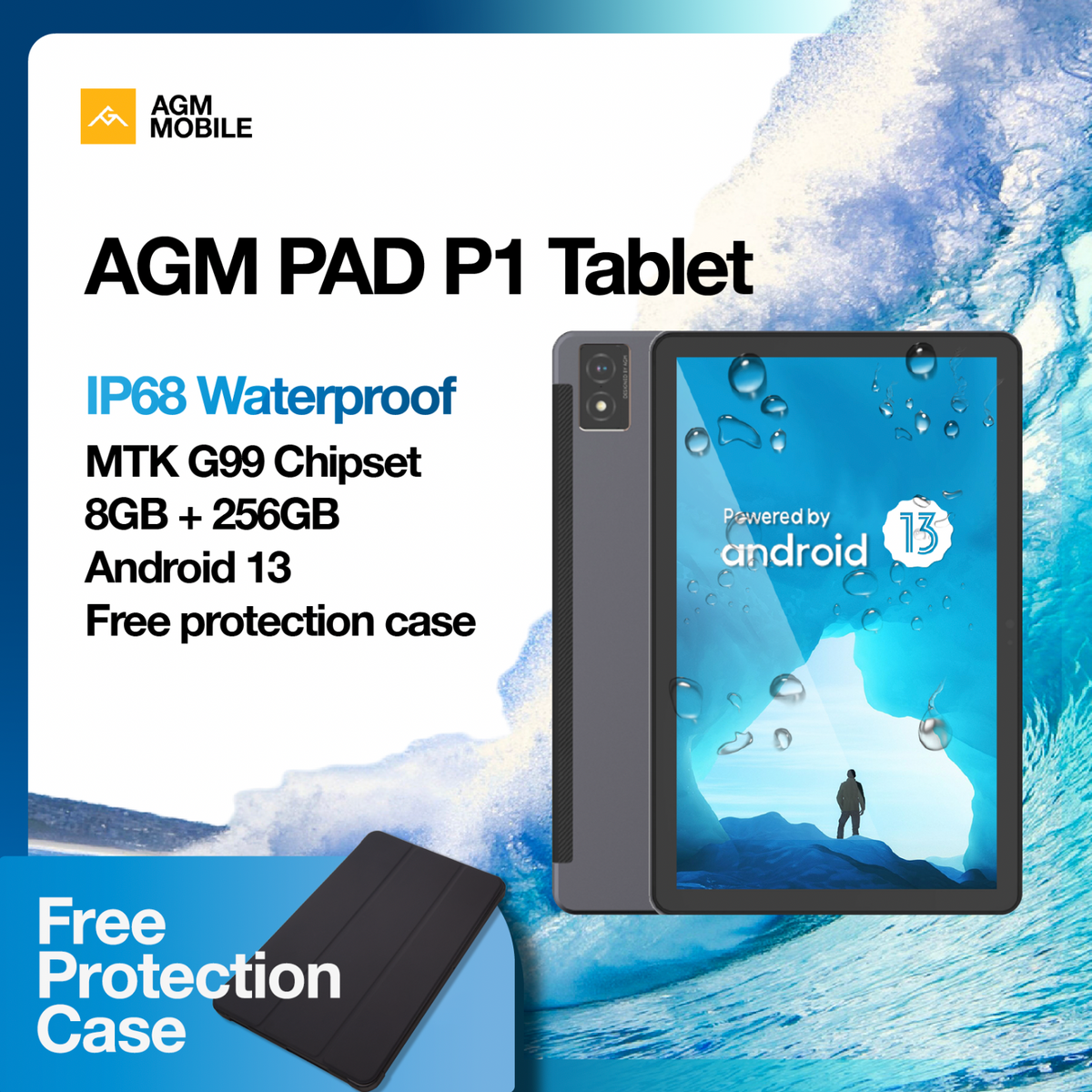AGM PAD P1 | 4G LTE Waterproof Tablet | Powerful Chipset | Lightweight | 2K Resolution Display | Big Battery | Android 13