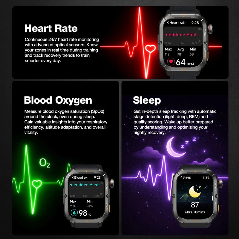 AGM Legion 3 | Smart Watch | OLED Display | 500mAh Battery| Bluetooth Call | Heart Rate Monitor | 5ATM Waterproof | LED Flashlight | Square Rugged Sport Watch