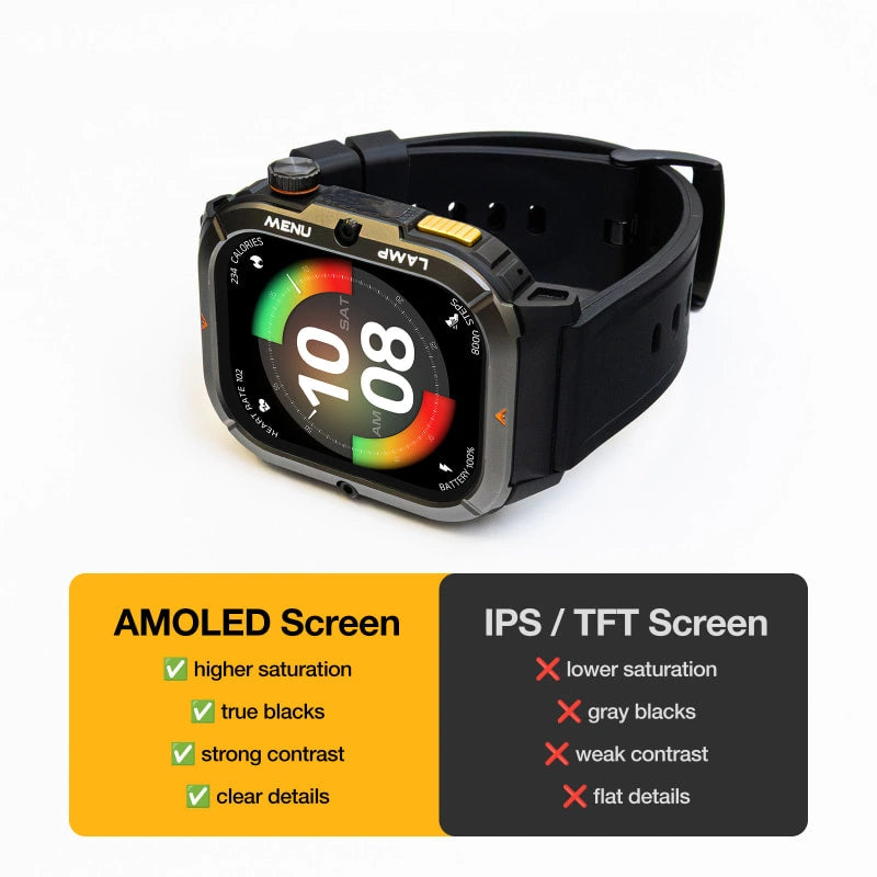 AGM Legion 3 | Smart Watch | OLED Display | 500mAh Battery| Bluetooth Call | Heart Rate Monitor | 5ATM Waterproof | LED Flashlight | Square Rugged Sport Watch